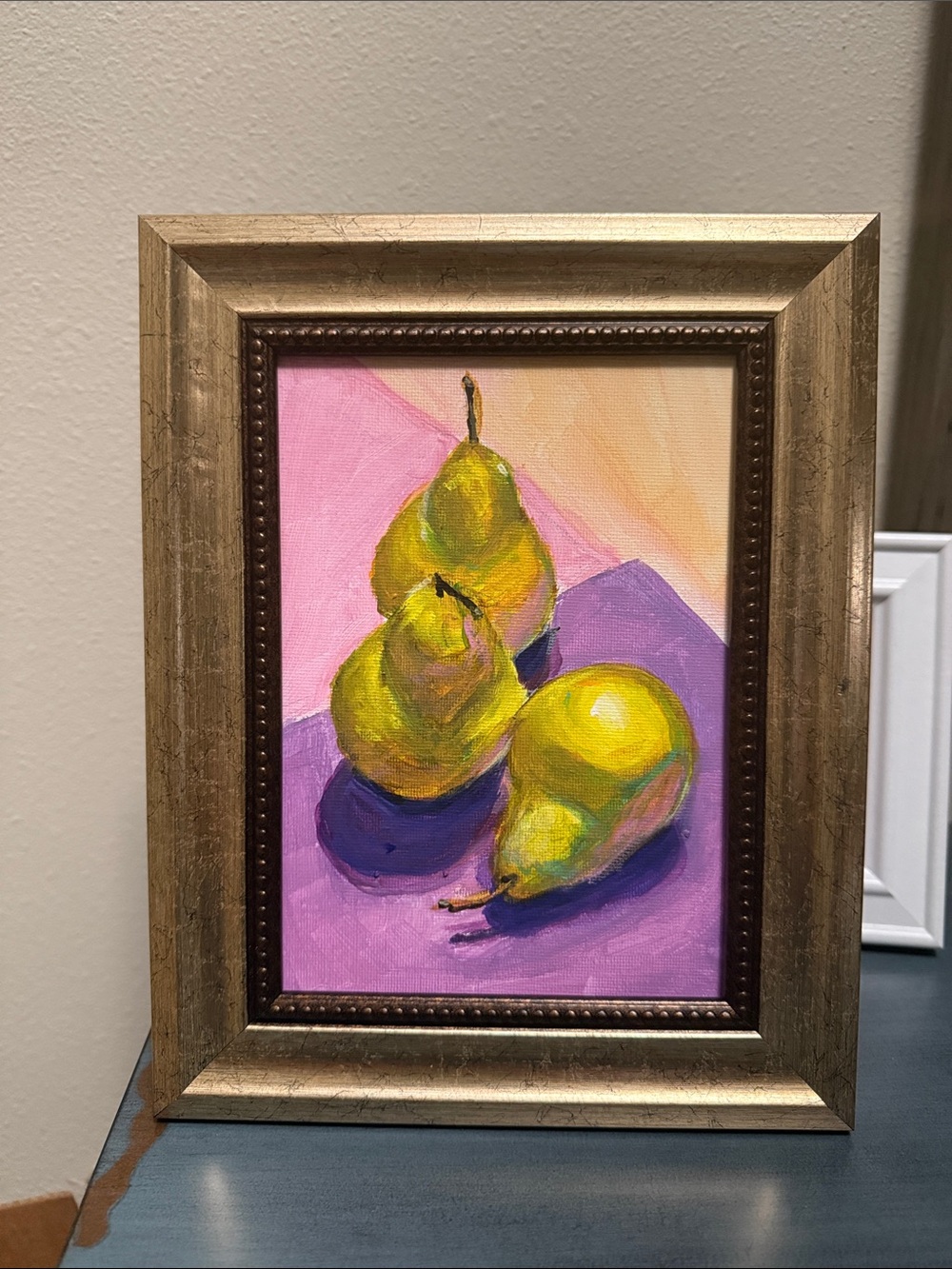 Hand-Painted Pear Still Life Canvas Art in Yellow and Green5”x7”, canvas panel